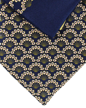 Zilli Silk Tie & Matching Pocket Square Set Dark Blue Forest Green Floral Design