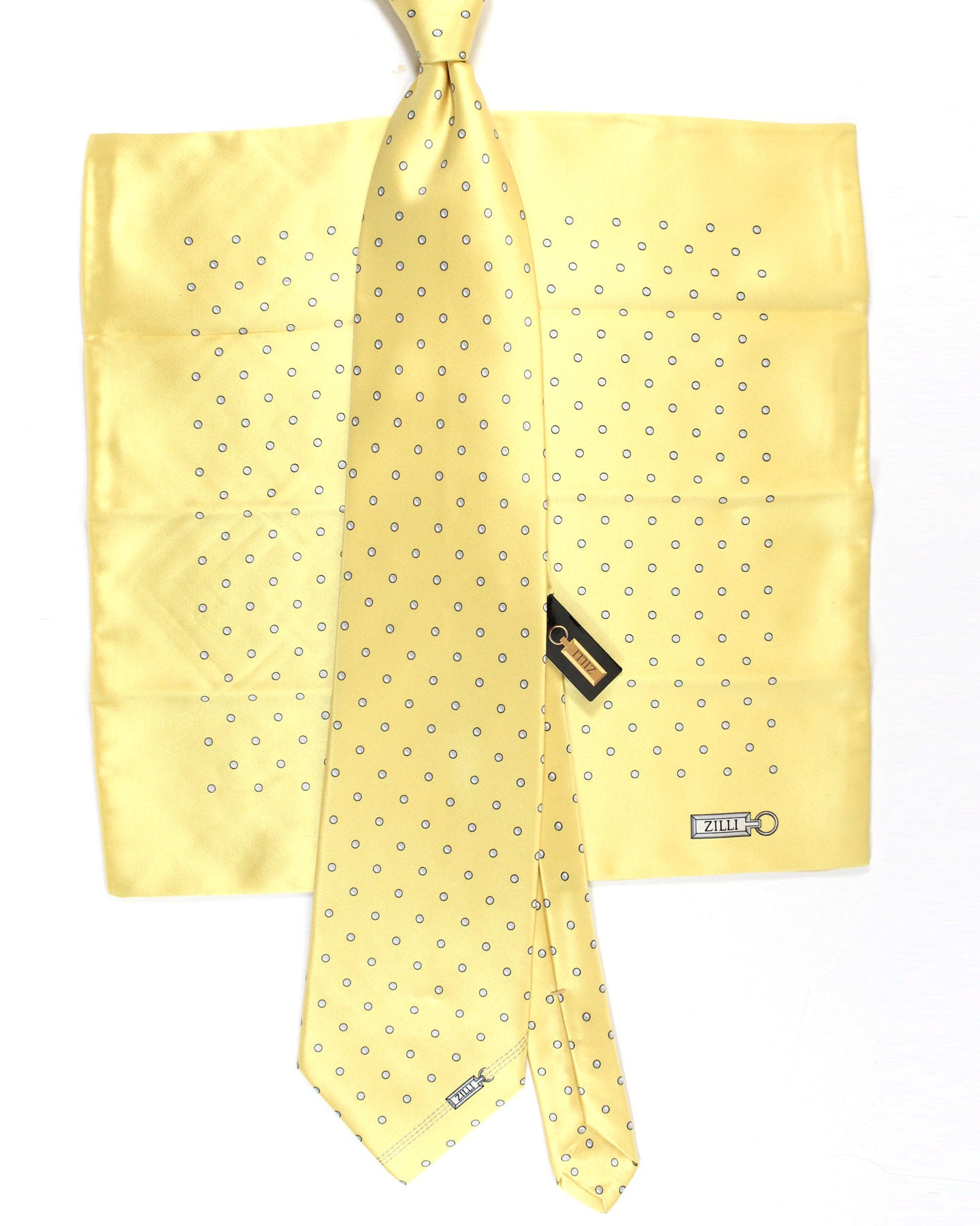 Zilli Silk Tie & Matching Pocket Square Set Light Yellow Dots Design