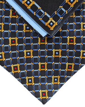 Zilli Silk Tie & Matching Pocket Square Set Dark Blue Gold Design