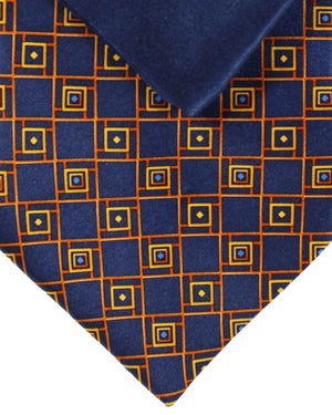 Zilli Silk Tie & Matching Pocket Square Set Dark Blue Orange Gold Geometric Design