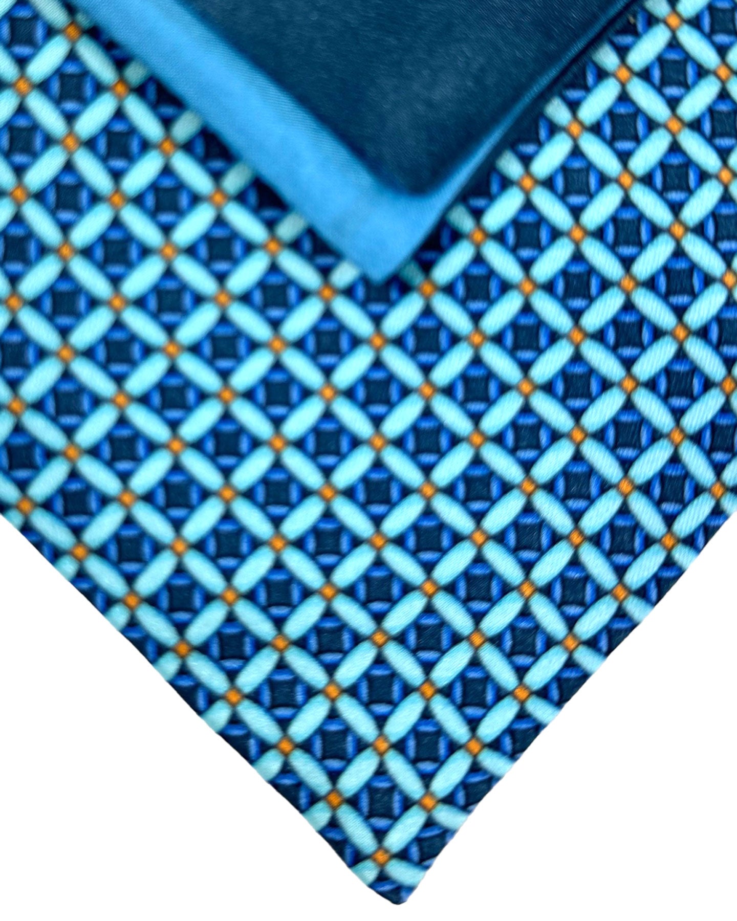 Zilli Silk Tie & Matching Pocket Square Set Aqua Dark Blue Geometric Design