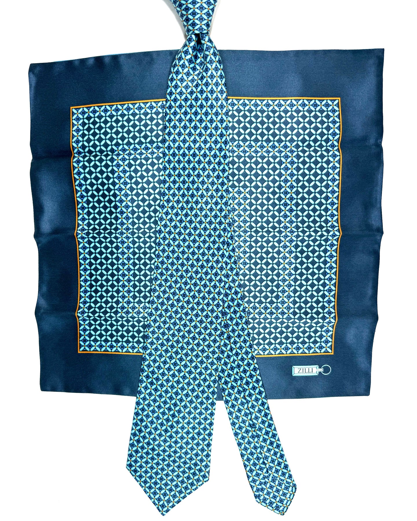 Zilli Silk Tie & Matching Pocket Square Set Aqua Dark Blue Geometric Design