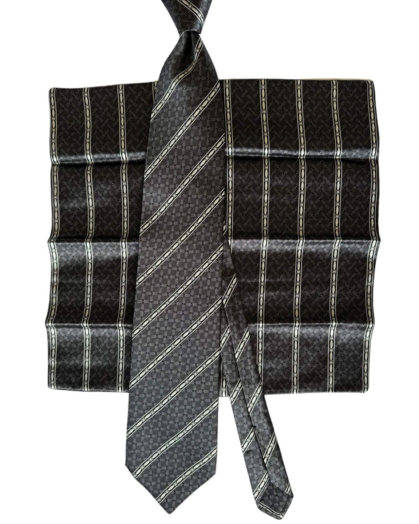 Zilli Tie & Pocket Square Set Black Ivory Gingham Stripes Design