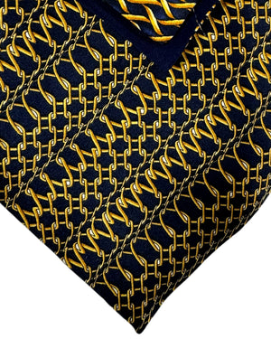 Zilli Tie & Matching Pocket Square Set Midnight Blue Gold Chain Link