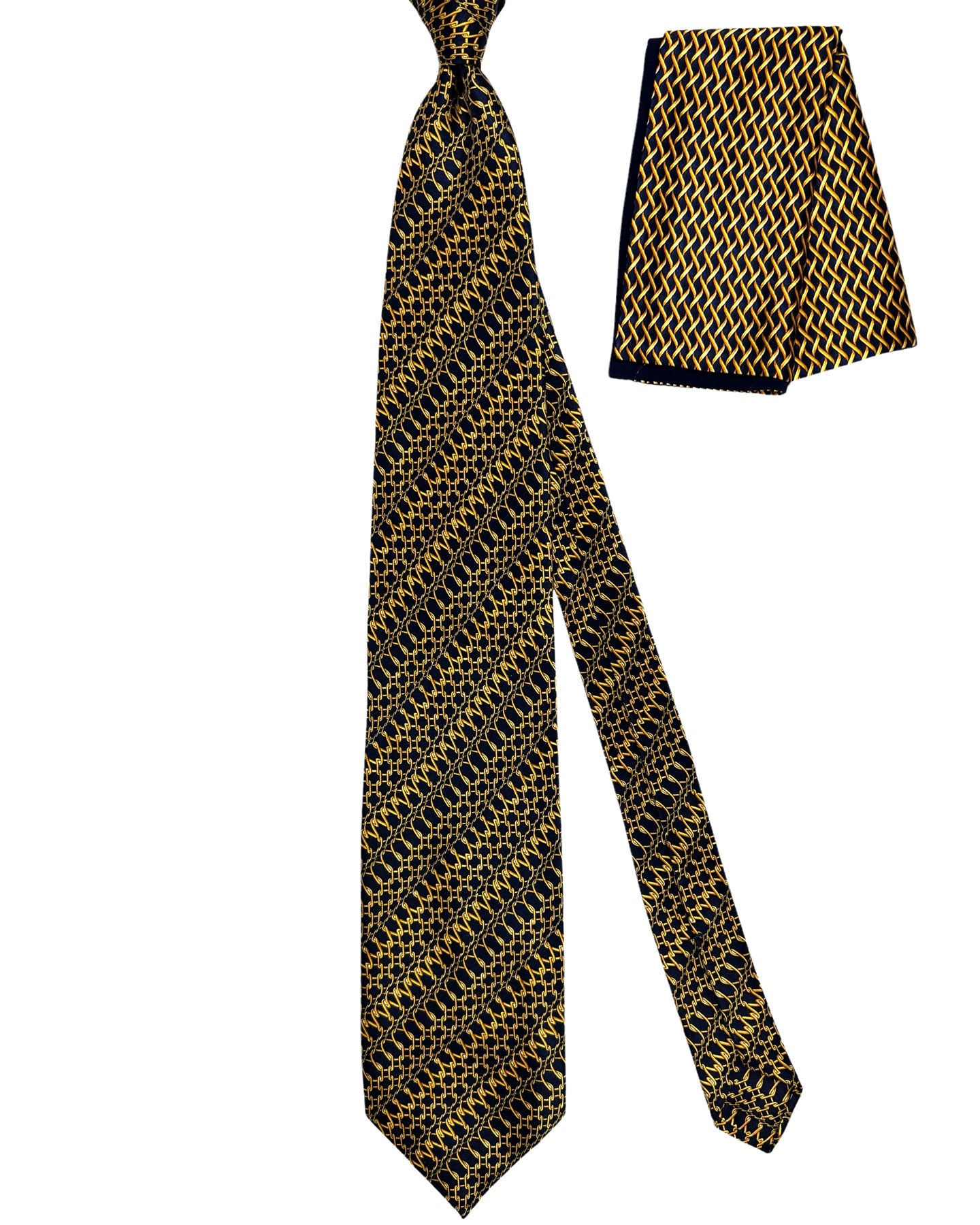 Zilli Tie & Matching Pocket Square Set Midnight Blue Gold Chain Link