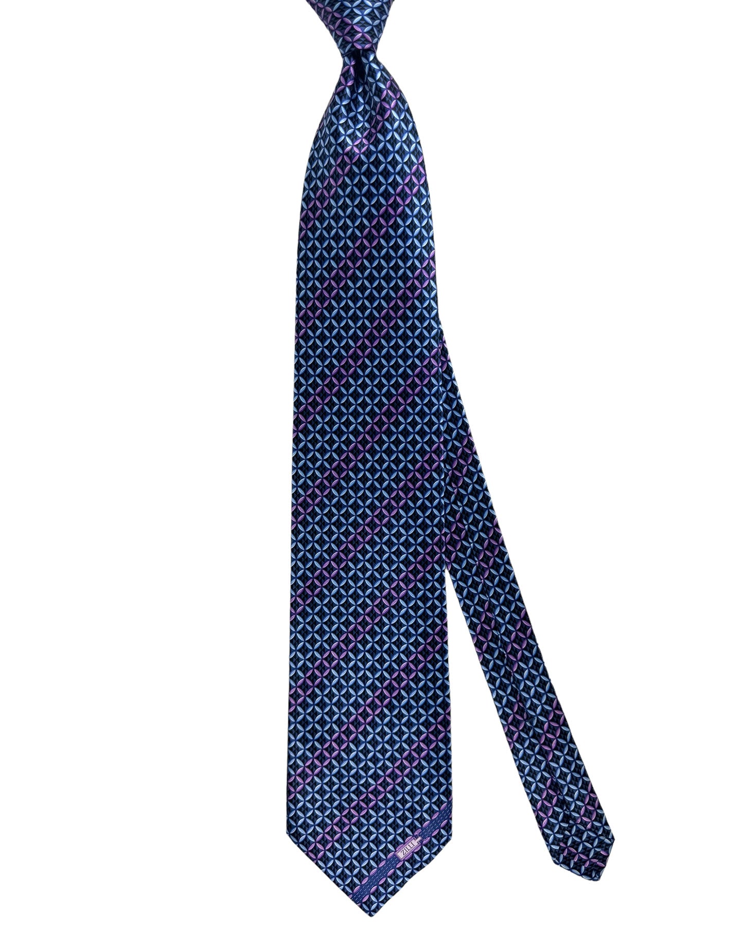 Zilli Silk Tie Navy Blue Purple Geometric Stripes Design - Wide Necktie