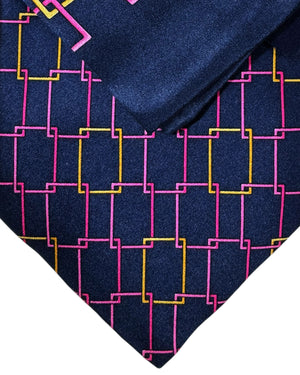 Zilli Extra Long Tie & Matching Pocket Square Set Midnight Blue Pink Gold Geometric