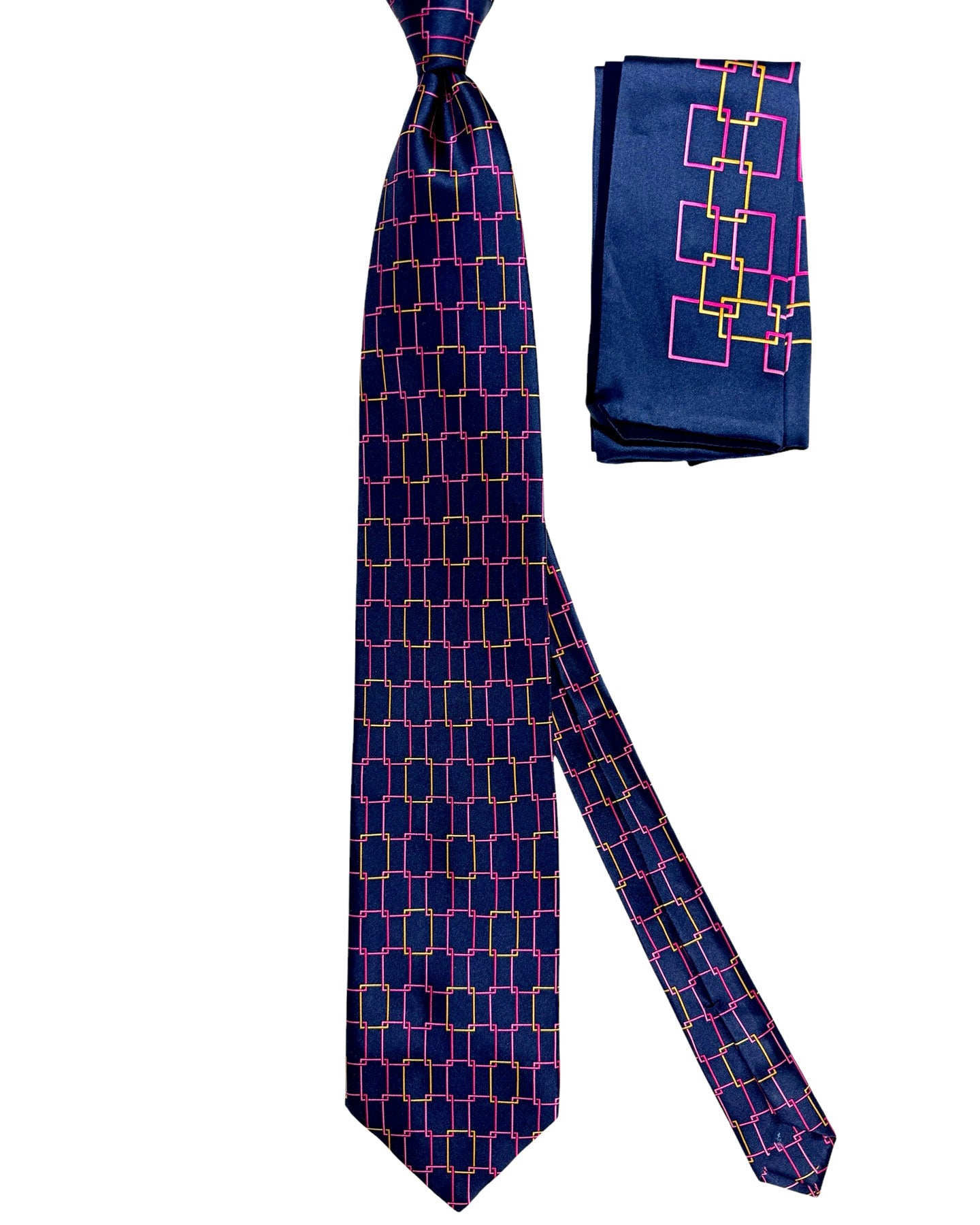 Zilli Extra Long Tie & Matching Pocket Square Set Midnight Blue Pink Gold Geometric