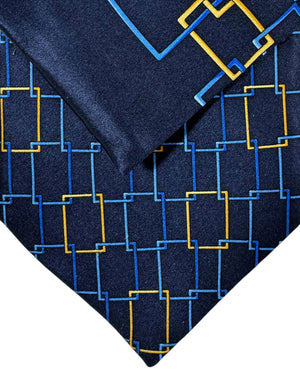 Zilli Extra Long Tie & Matching Pocket Square Set Navy Royal Blue Orange Gold Geometric