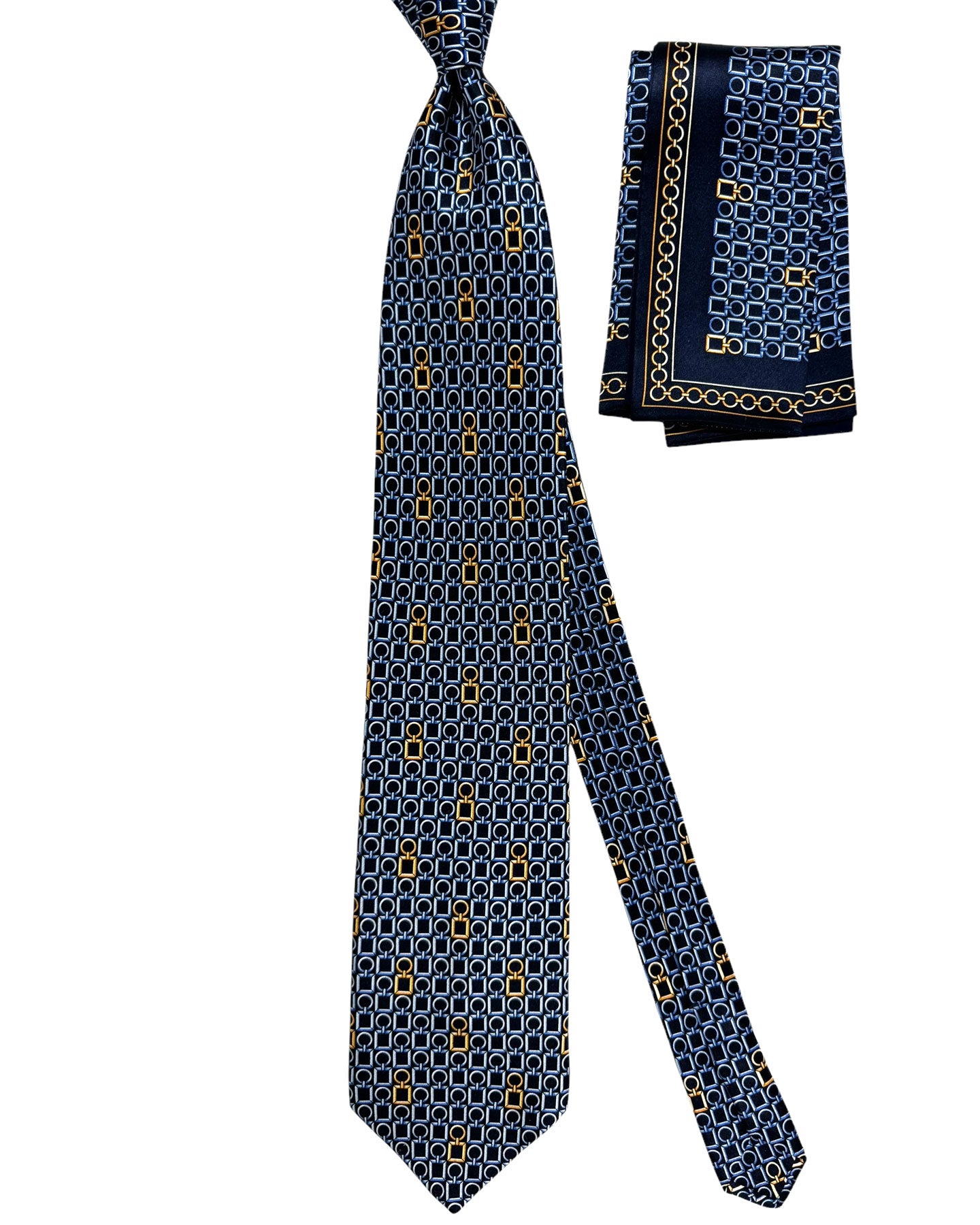 Zilli Extra Long Tie & Matching Pocket Square Set Black Sky Blue Gold Logo Tag