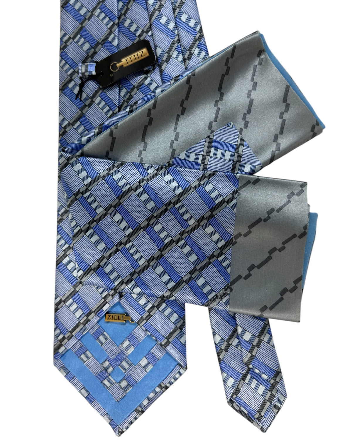 Zilli Extra Long Tie & Matching Pocket Square Set Gray Periwinkle Blue SALE