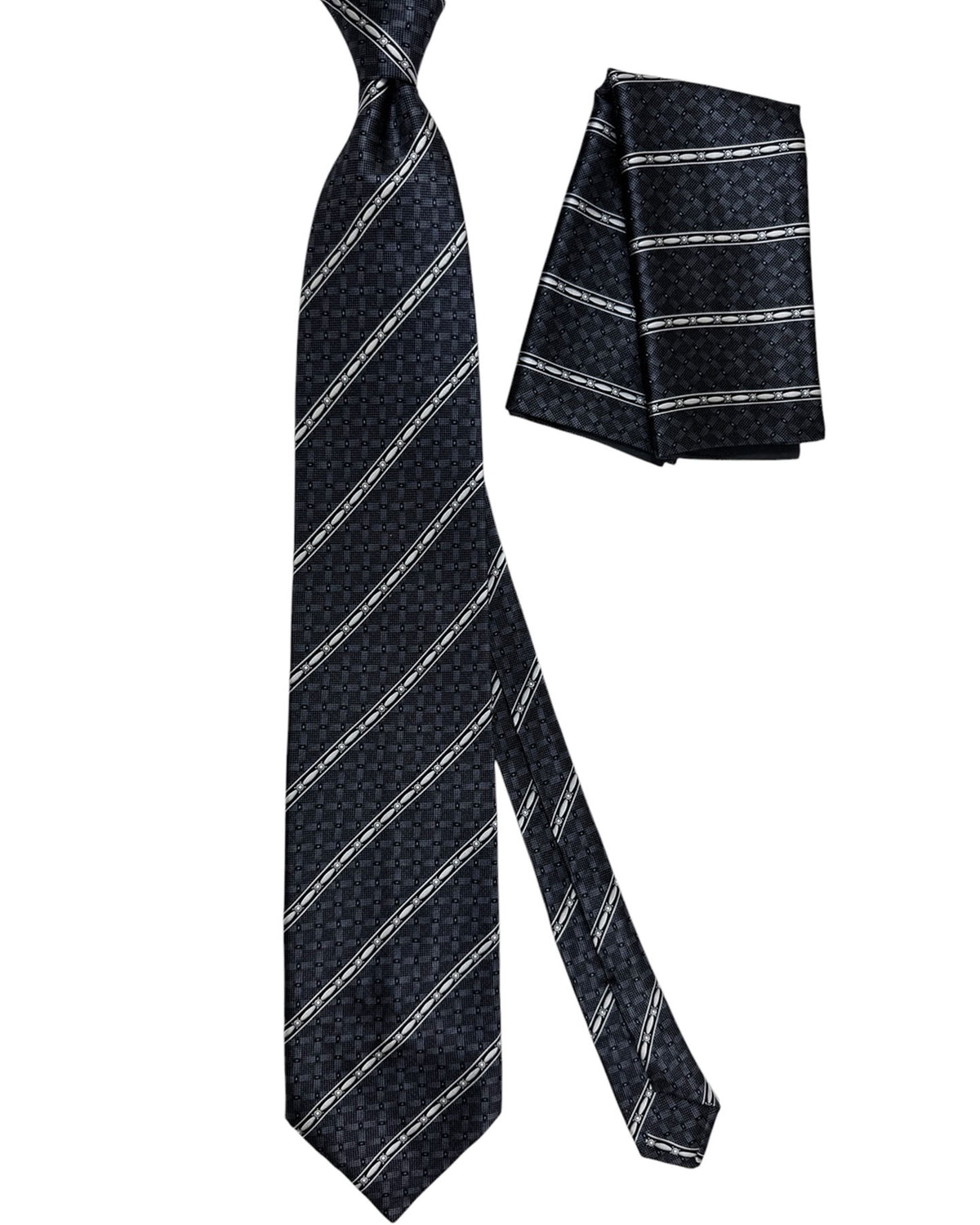 Zilli Tie & Matching Pocket Square Set Charcoal Gray Stripes