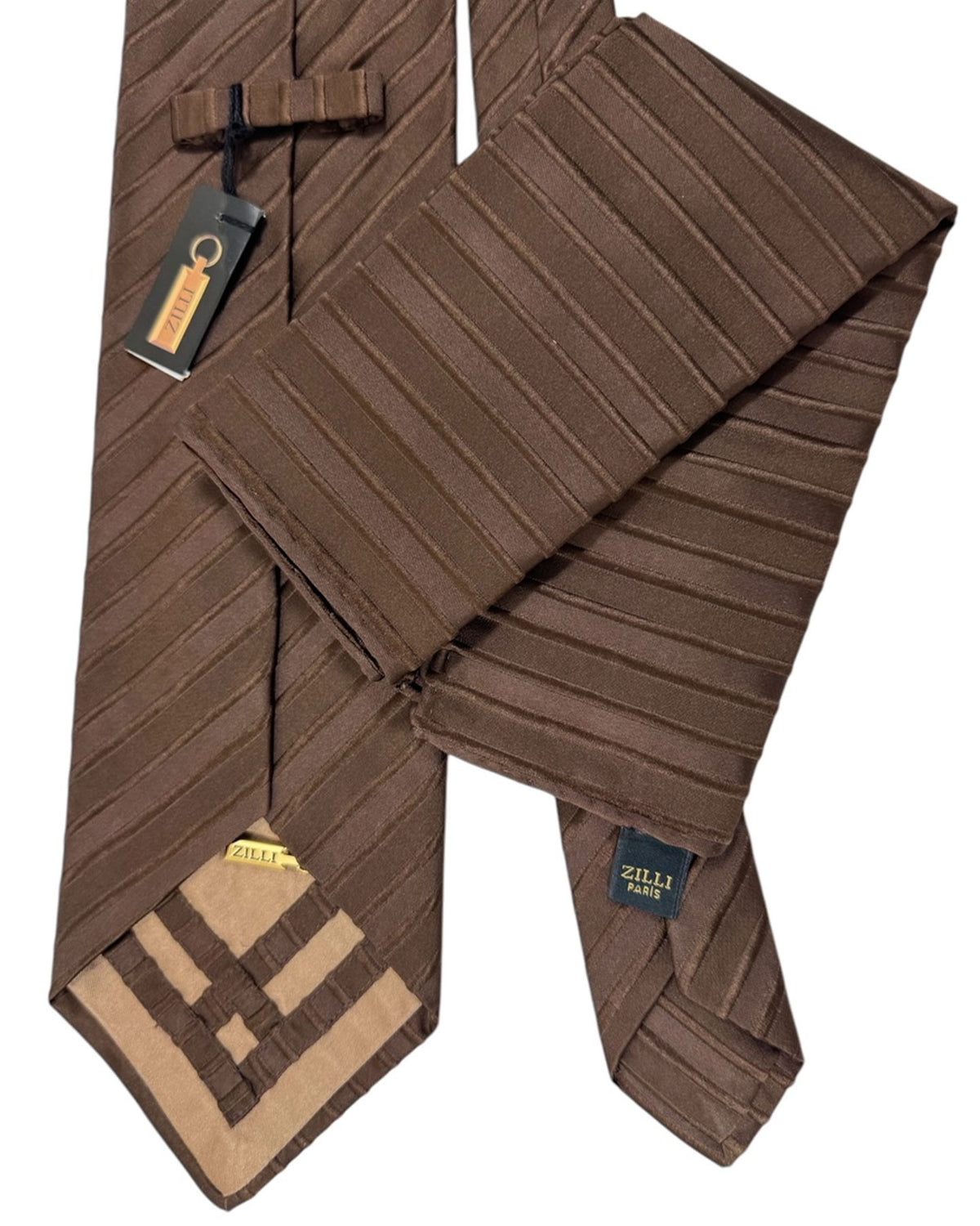 Zilli Tie & Matching Pocket Square Set Brown Stripes FINAL SALE