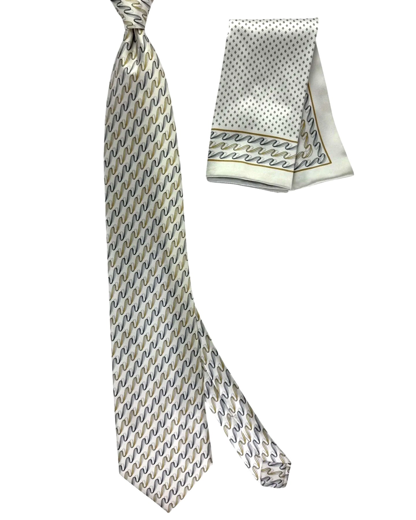 Zilli Silk Tie & Matching Pocket Square Set White Gray Gold Swirly Stripes