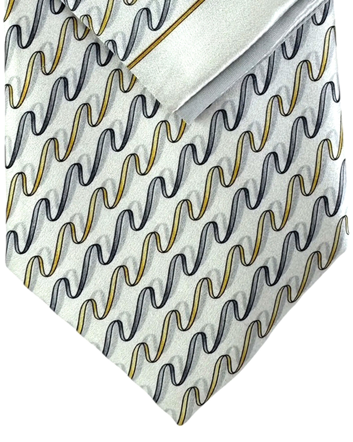 Zilli Silk Tie & Matching Pocket Square Set White Gray Gold Swirly Stripes