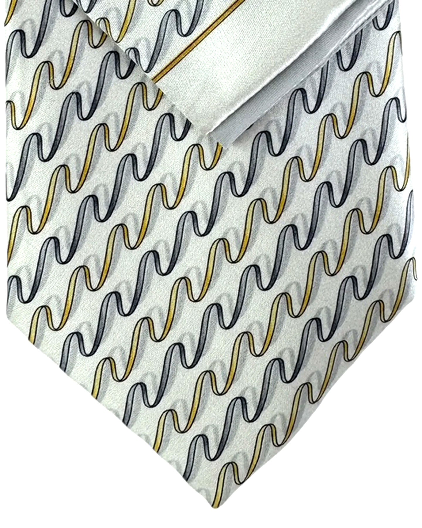 Zilli Silk Tie & Matching Pocket Square Set White Gray Gold Swirly Stripes