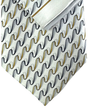 Zilli Silk Tie & Matching Pocket Square Set White Gray Gold Swirly Stripes