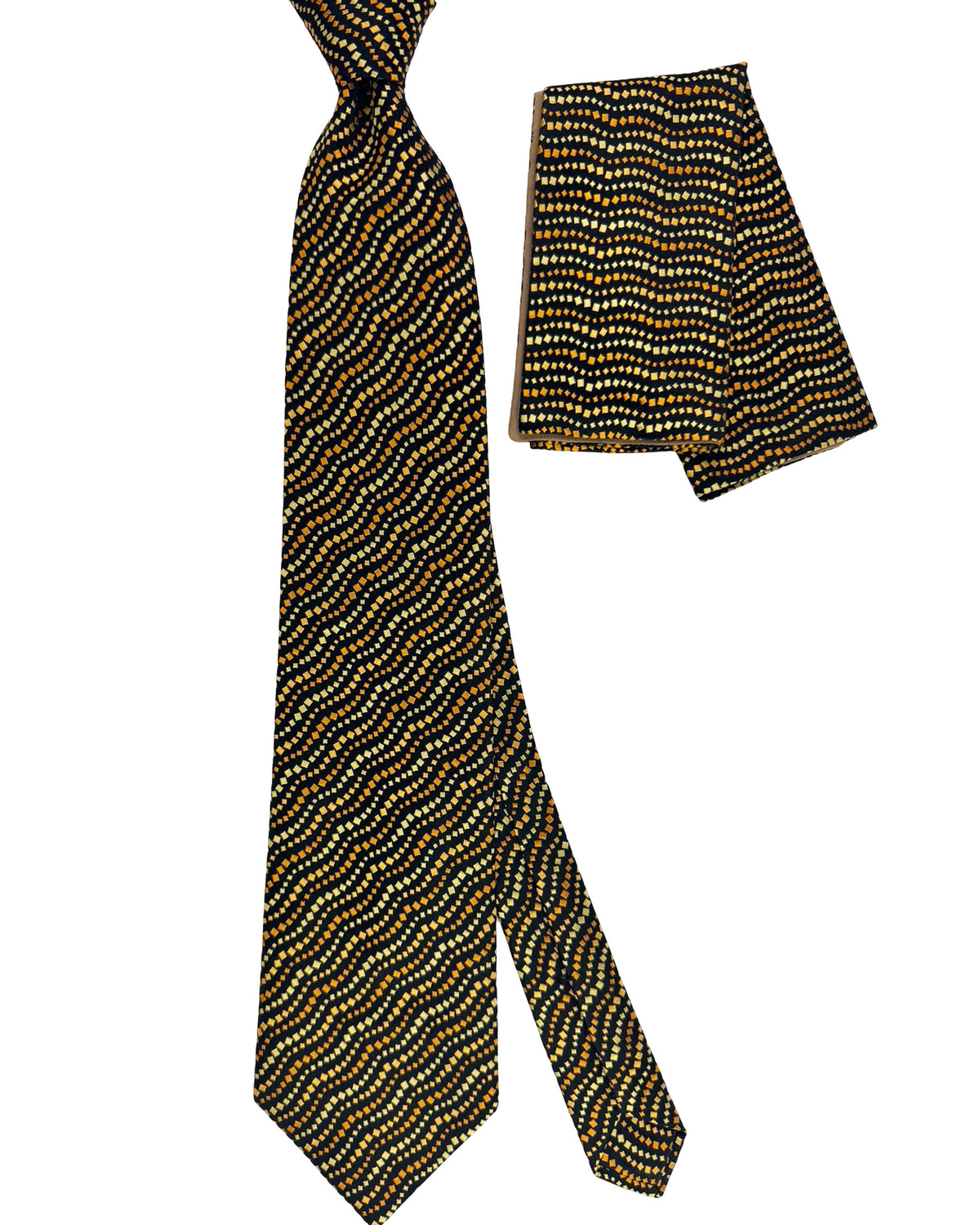 Zilli Silk Tie & Matching Pocket Square Set Black Gold Orange