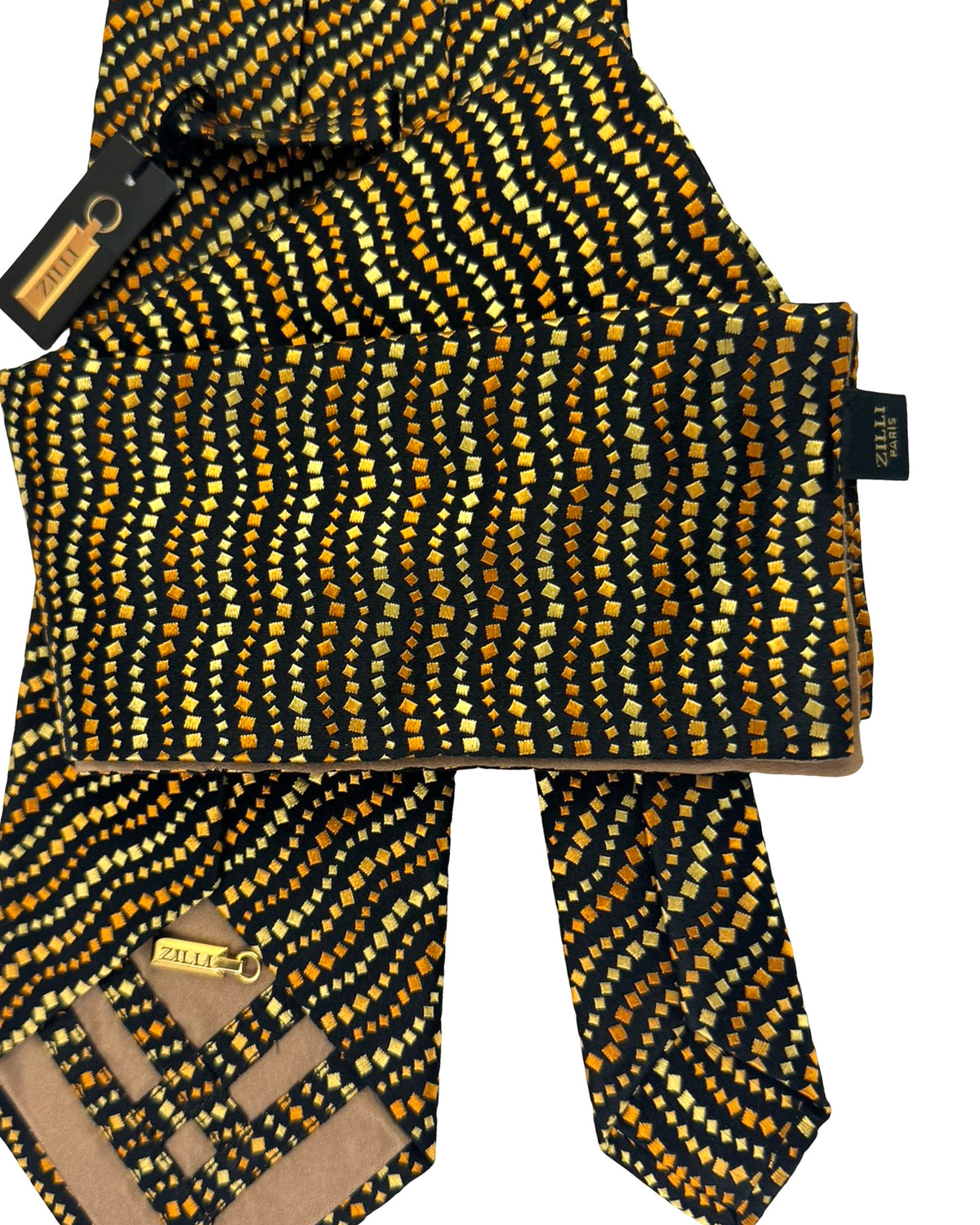 Zilli Silk Tie & Matching Pocket Square Set Gold Orange