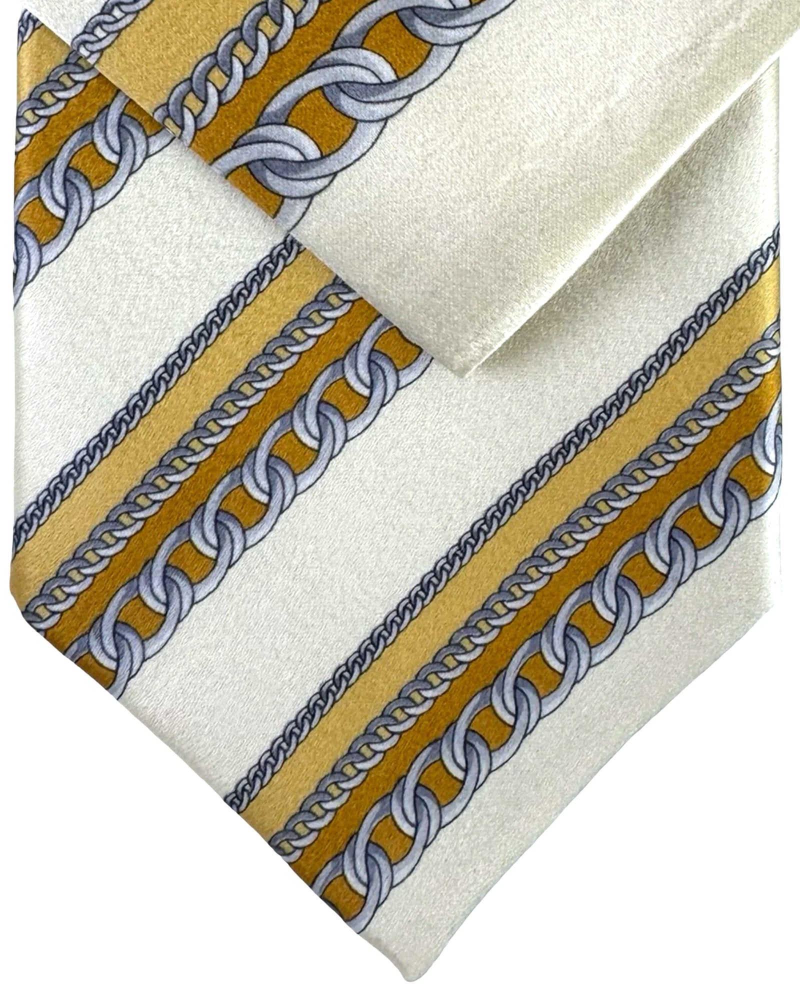Zilli Tie & Matching Pocket Square Set Cream And Gold Chain Stripe