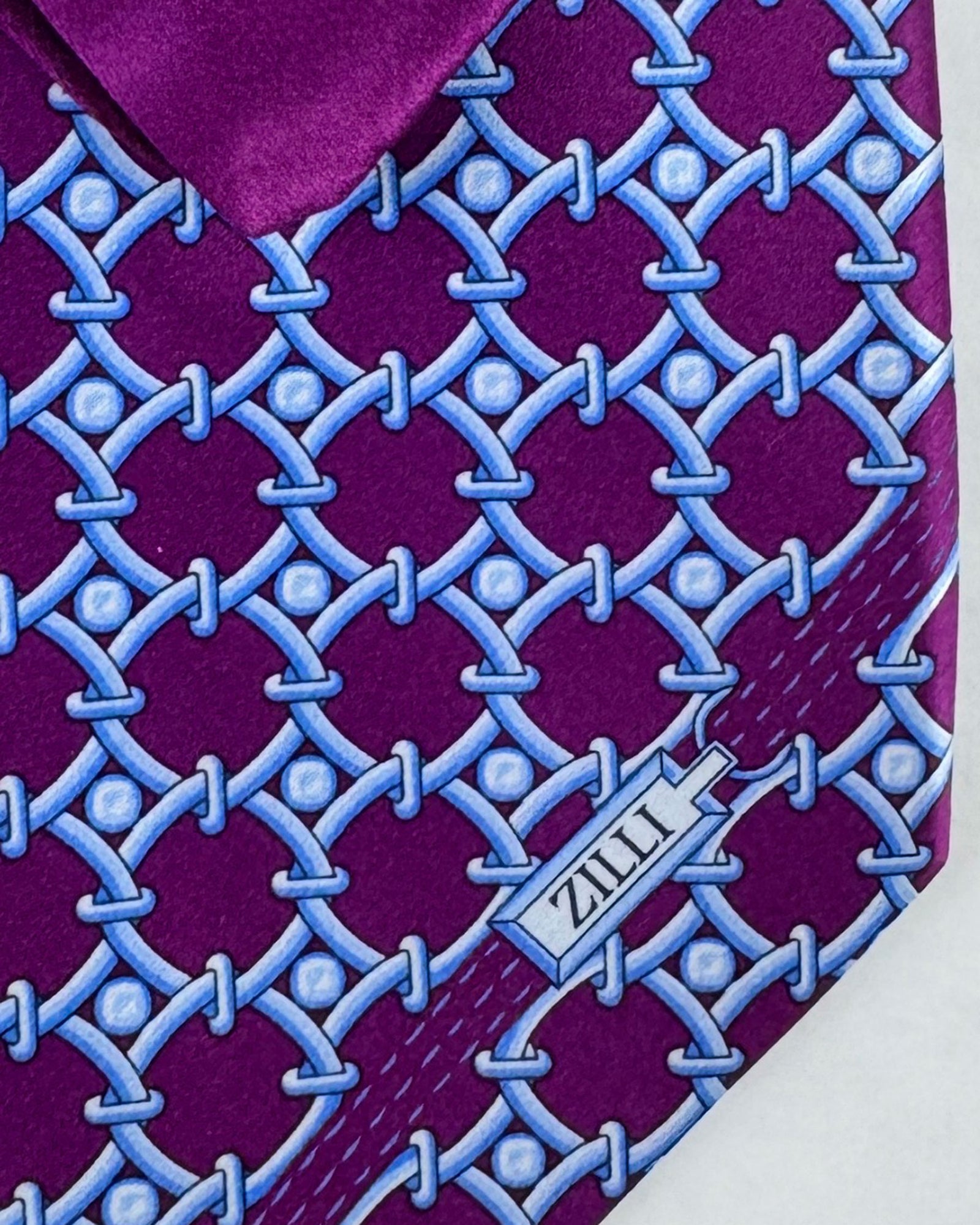 Zilli Tie & Matching Pocket Square Set Purple Blue Chain Link Pattern