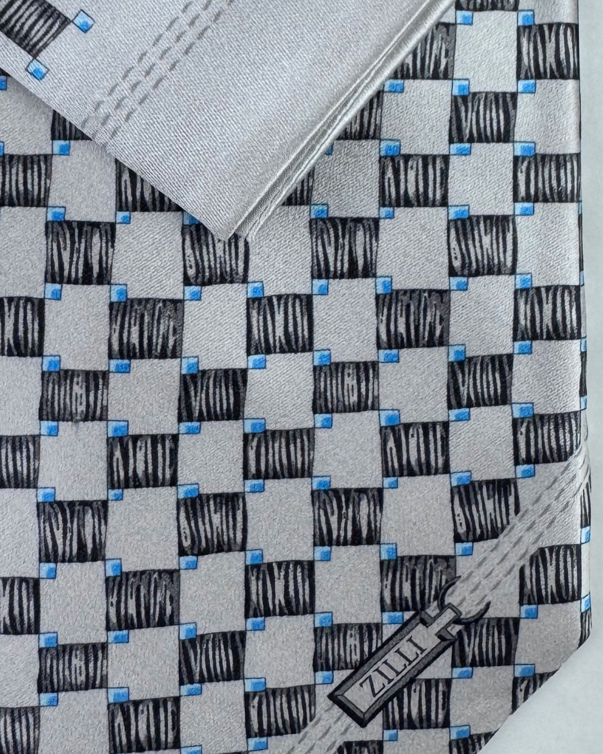 Zilli Extra Long Tie & Matching Pocket Square Set Grey And Black Checker Grid