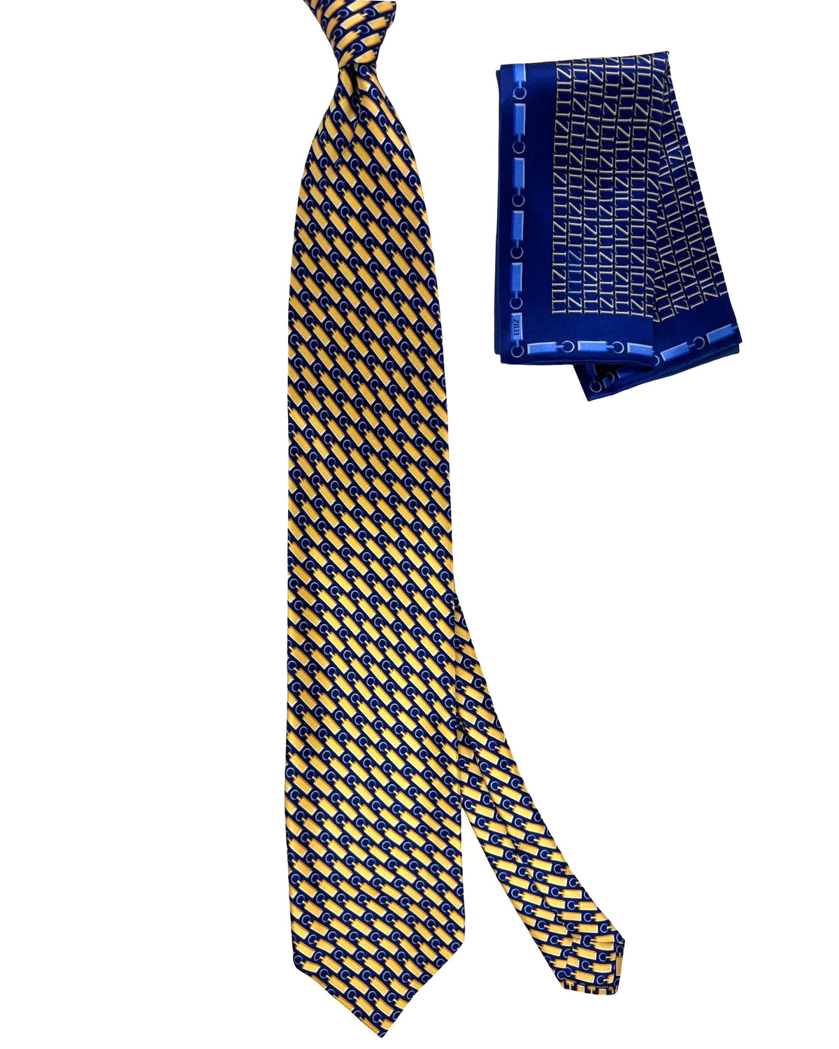 Zilli Tie & Matching Pocket Square Set Signature Navy Gold Logo Key Chain SALE