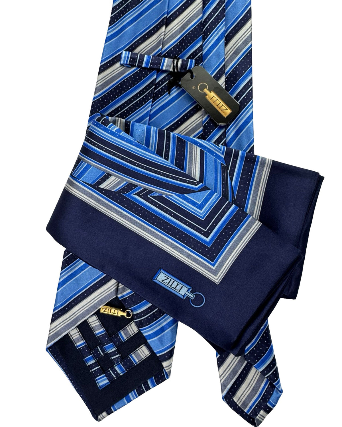 Zilli Silk Tie  Matching Pocket Square Blue Design