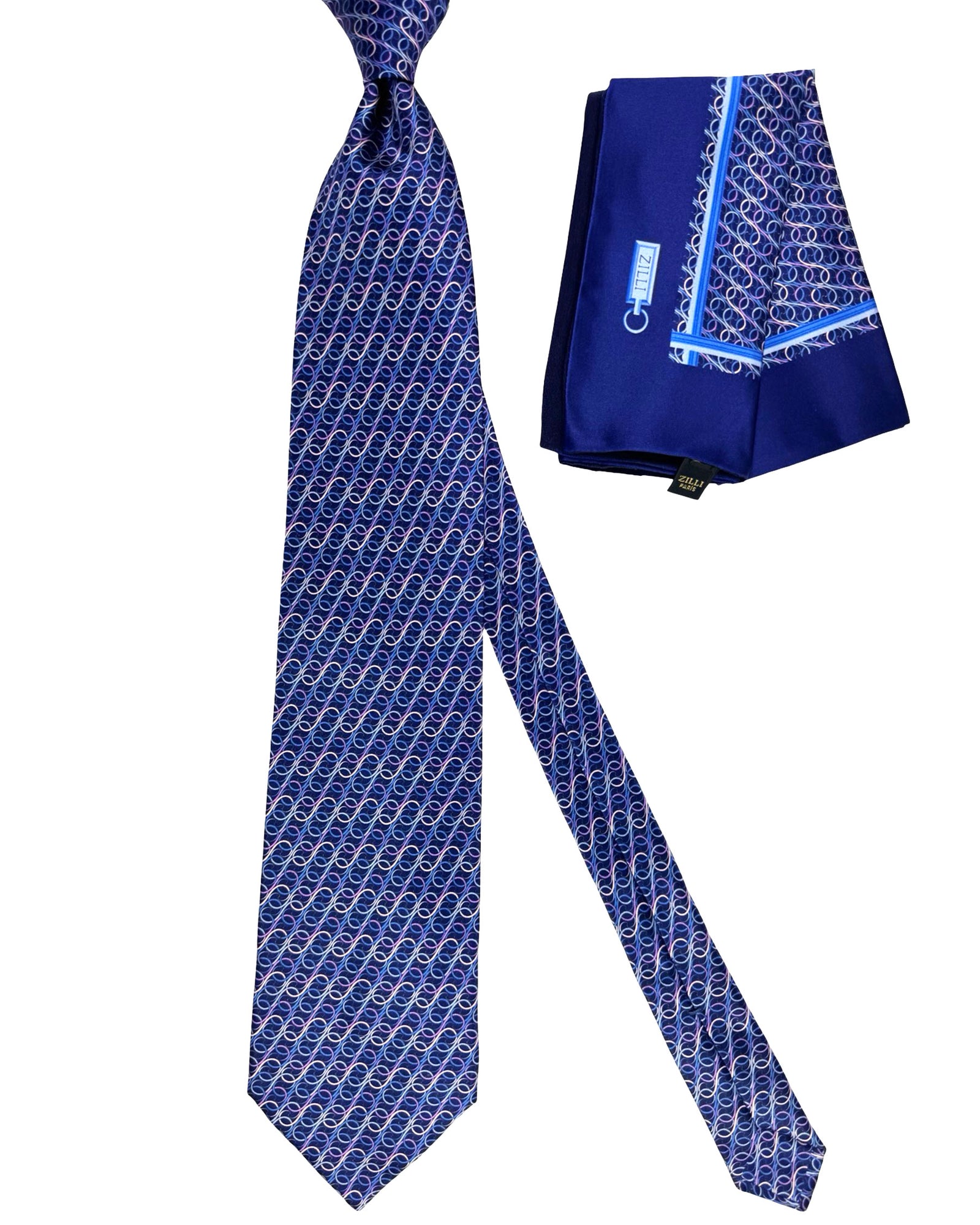 
Zilli Tie & Matching Pocket Square Set Midnight Blue Lila Geometric
