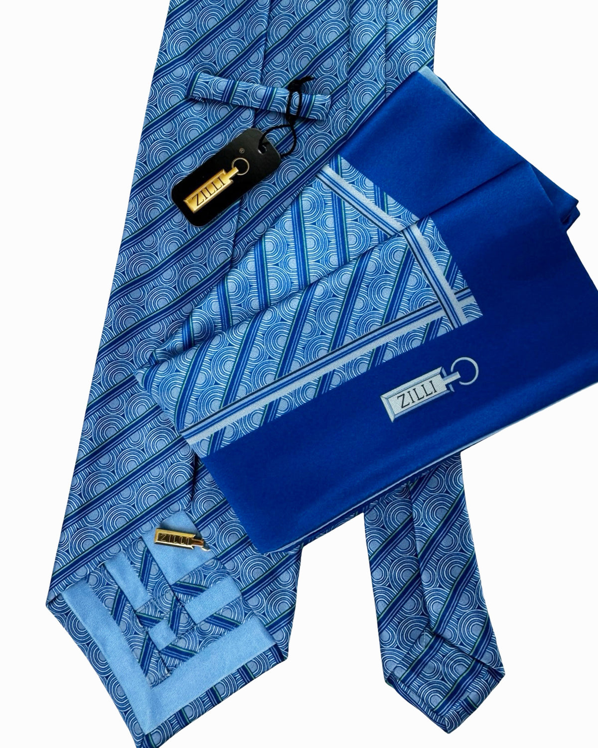Zilli Tie & Matching Pocket Square Set Blue Green Royal Blue Patterned Stripes