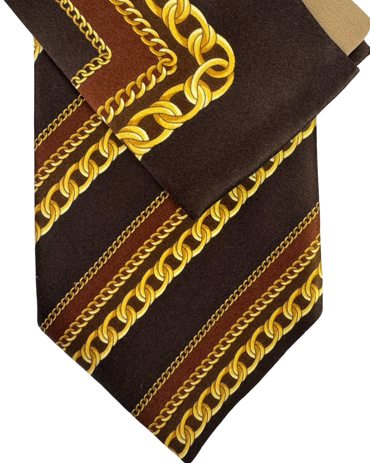 Zilli Silk Tie & Matching Pocket Square Set Brown Gold Chain Design