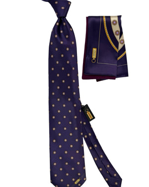 Zilli Silk Tie & Matching Pocket Square Set Aubergine Purple Gold Design