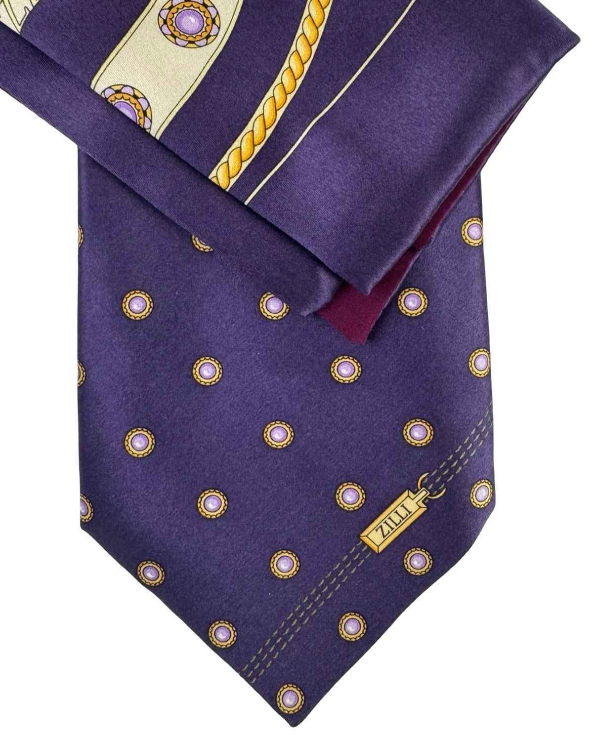 Zilli Silk Tie & Matching Pocket Square Set Aubergine Purple Gold Design
