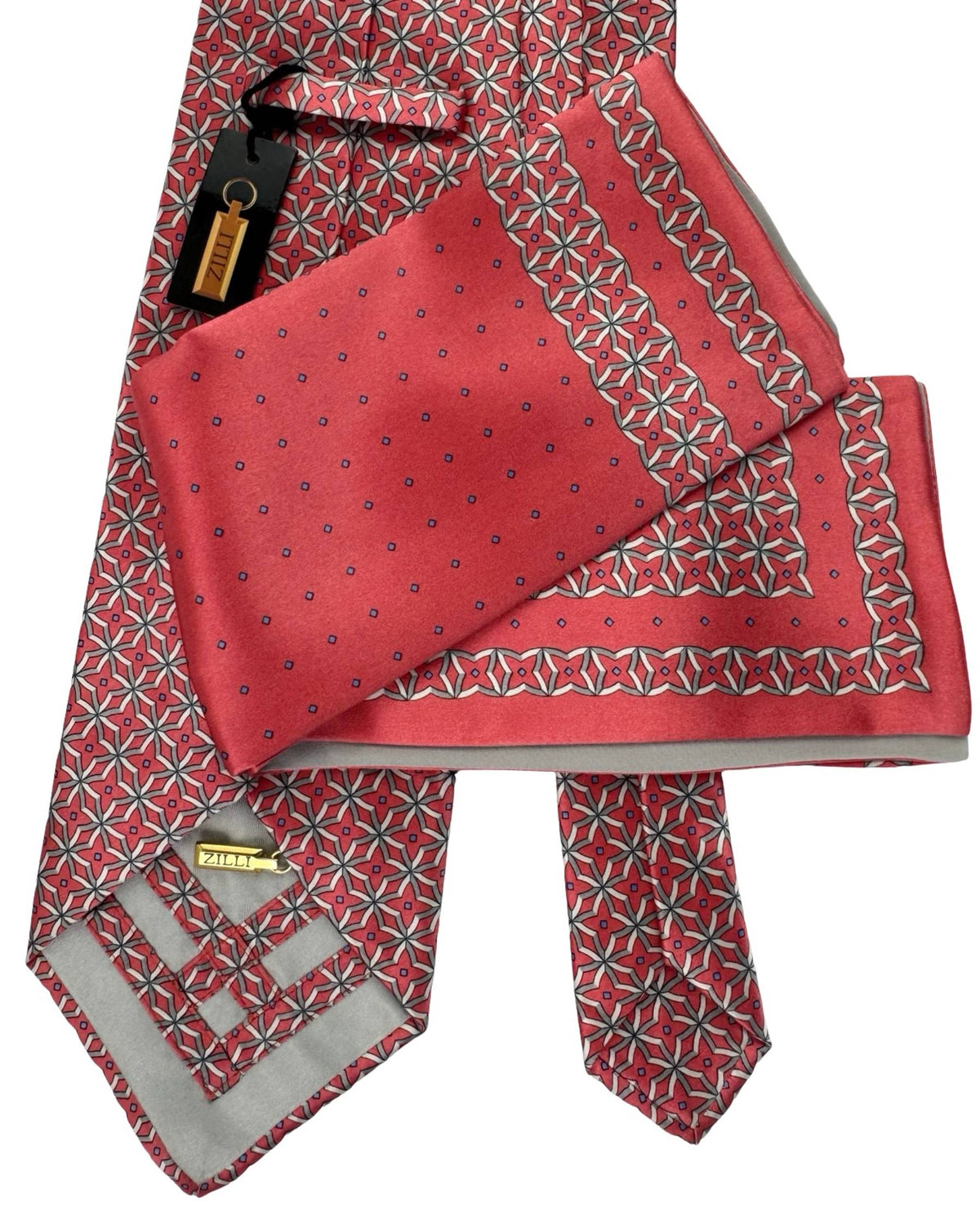 Zilli Silk Tie & Matching Pocket Square Set Pink Grey Star Design