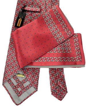 Zilli Silk Tie & Matching Pocket Square Set Pink Grey Star Design