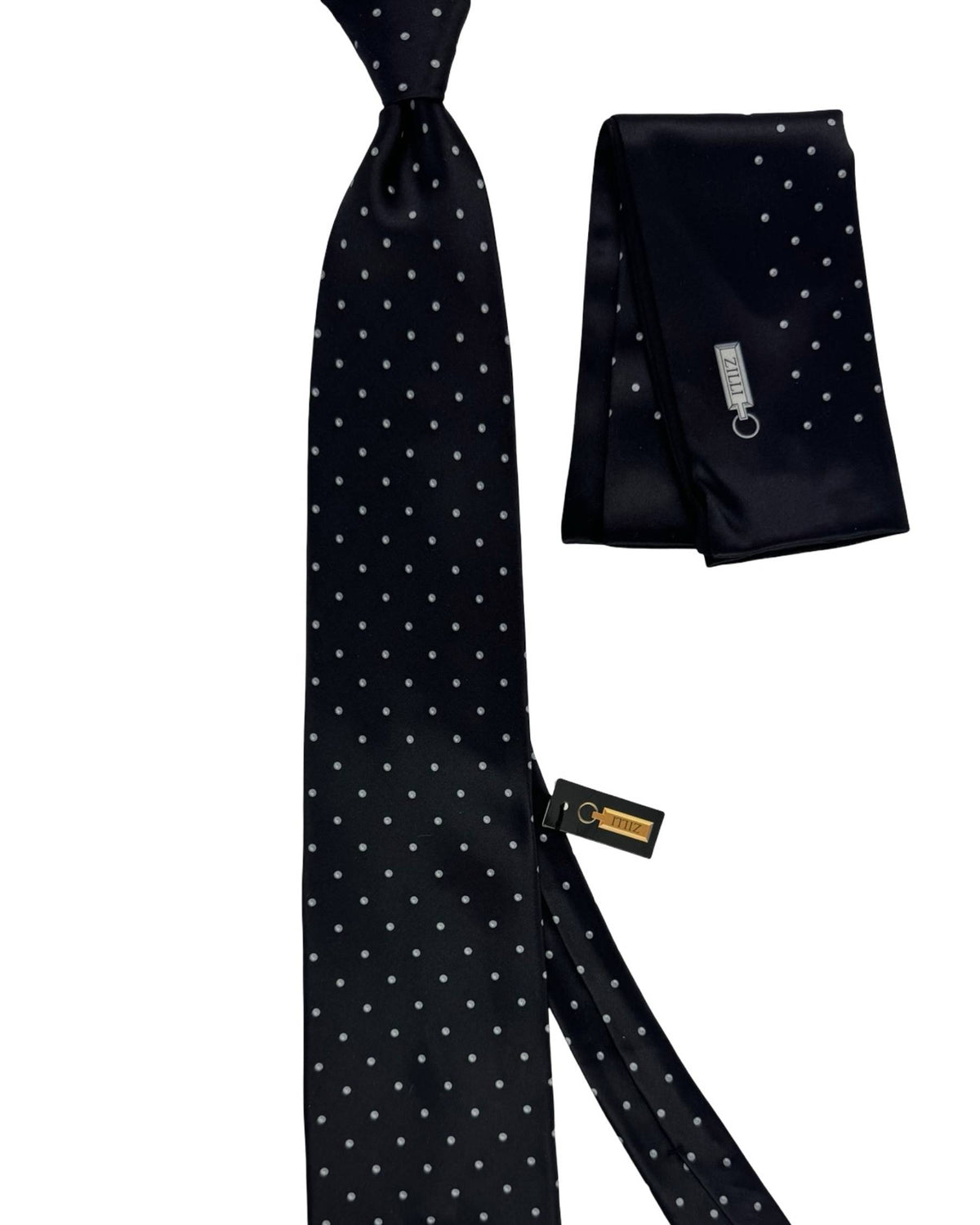 Zilli Silk Tie & Matching Pocket Square Set Black with Grey Dots