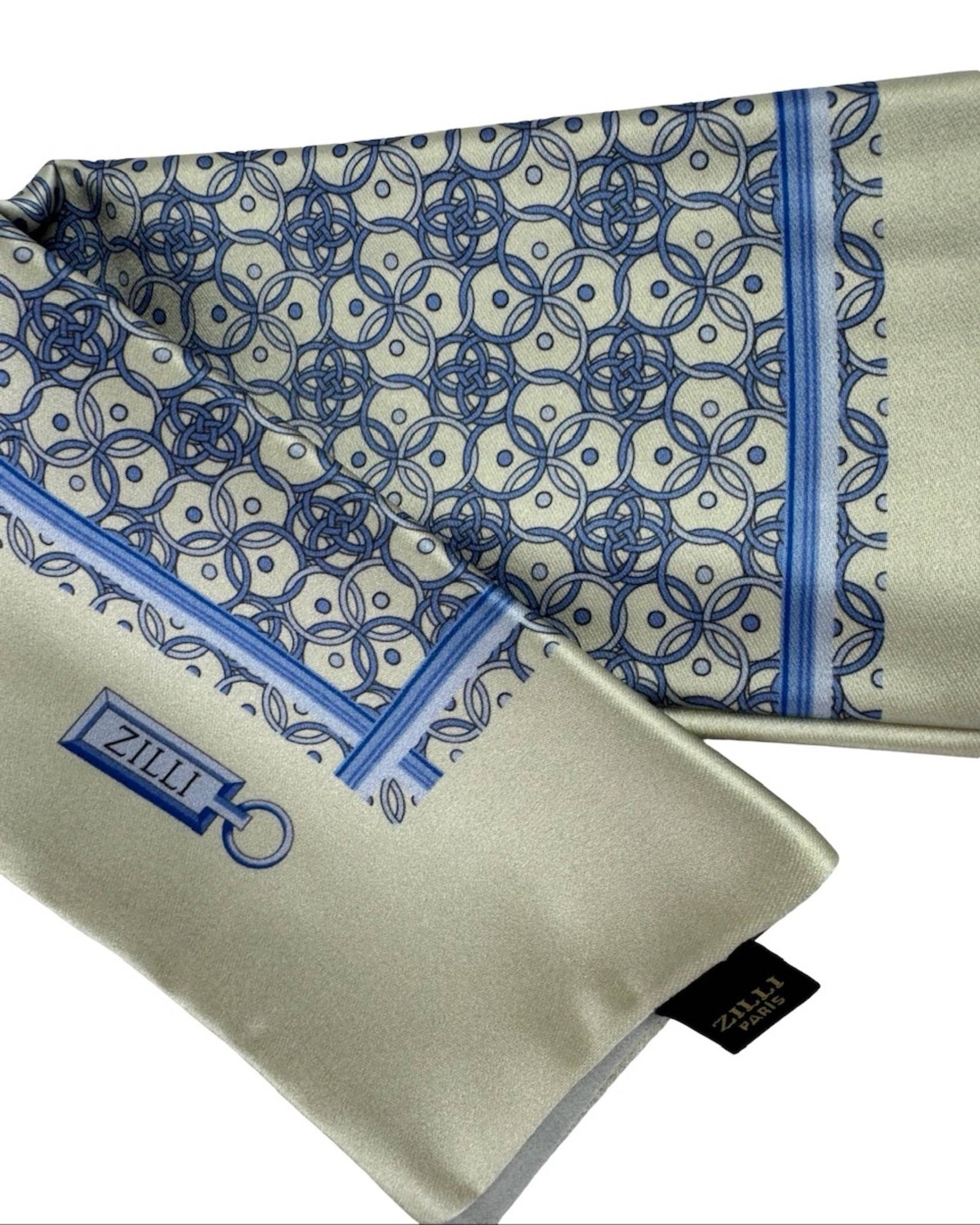 Zilli Pocket Square Ivory Blue Geometric Design