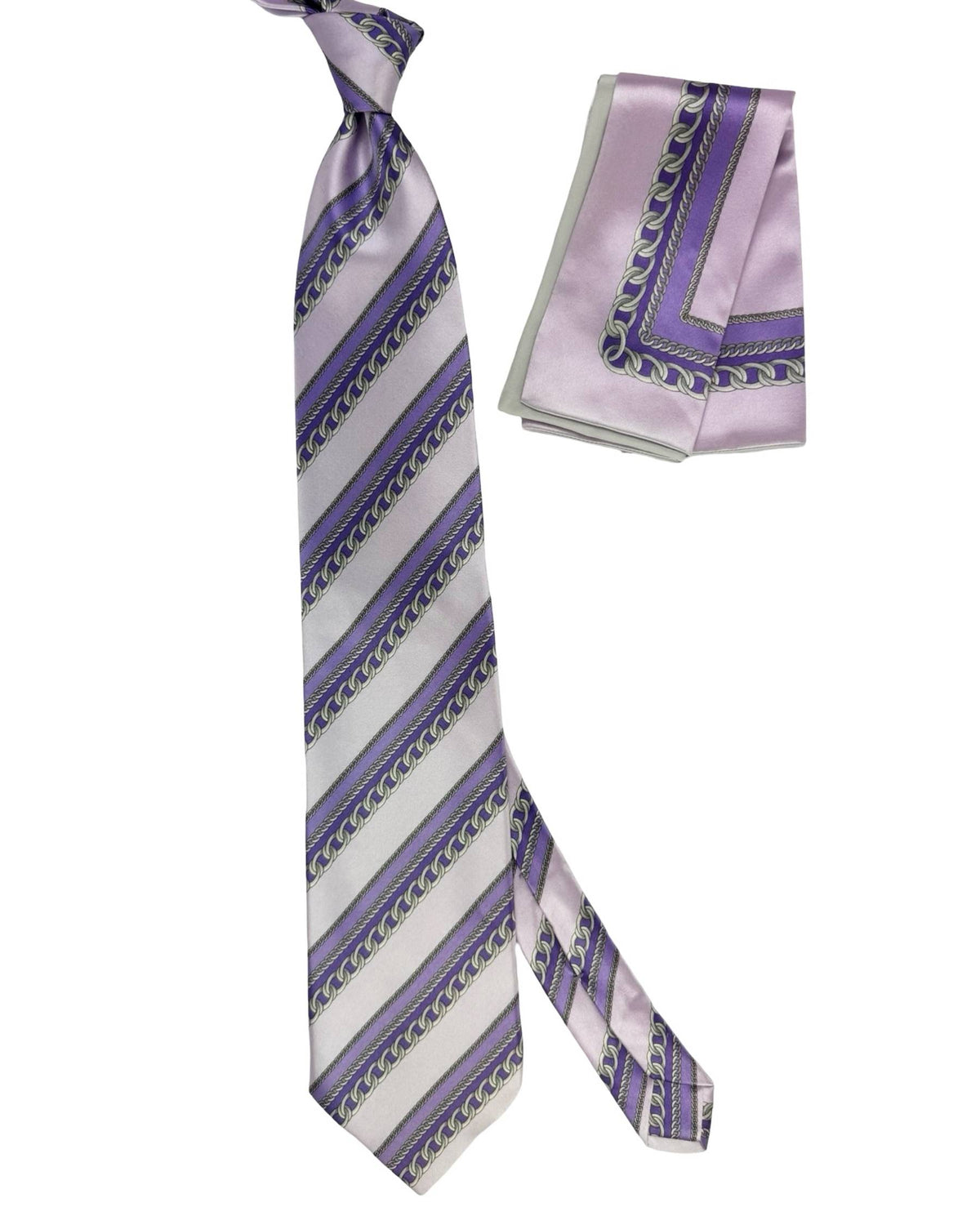 Zilli Silk Tie & Matching Pocket Square Set Lilac Purple Chain Design