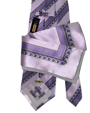 Zilli Silk Tie & Matching Pocket Square Set Lilac Purple Chain Design