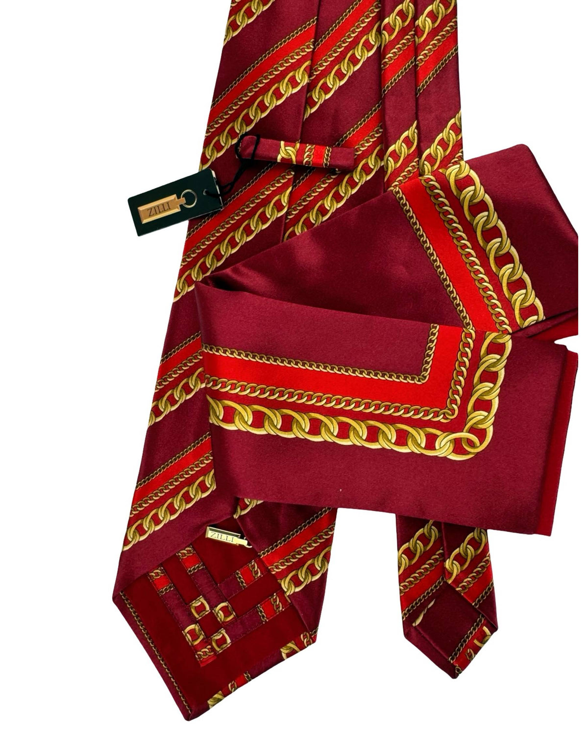 Zilli Silk Tie & Matching Pocket Square Set Bordeaux Red Gold Chain Design