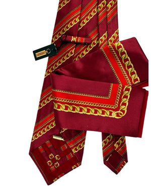 Zilli Silk Tie & Matching Pocket Square Set Bordeaux Red Gold Chain Design