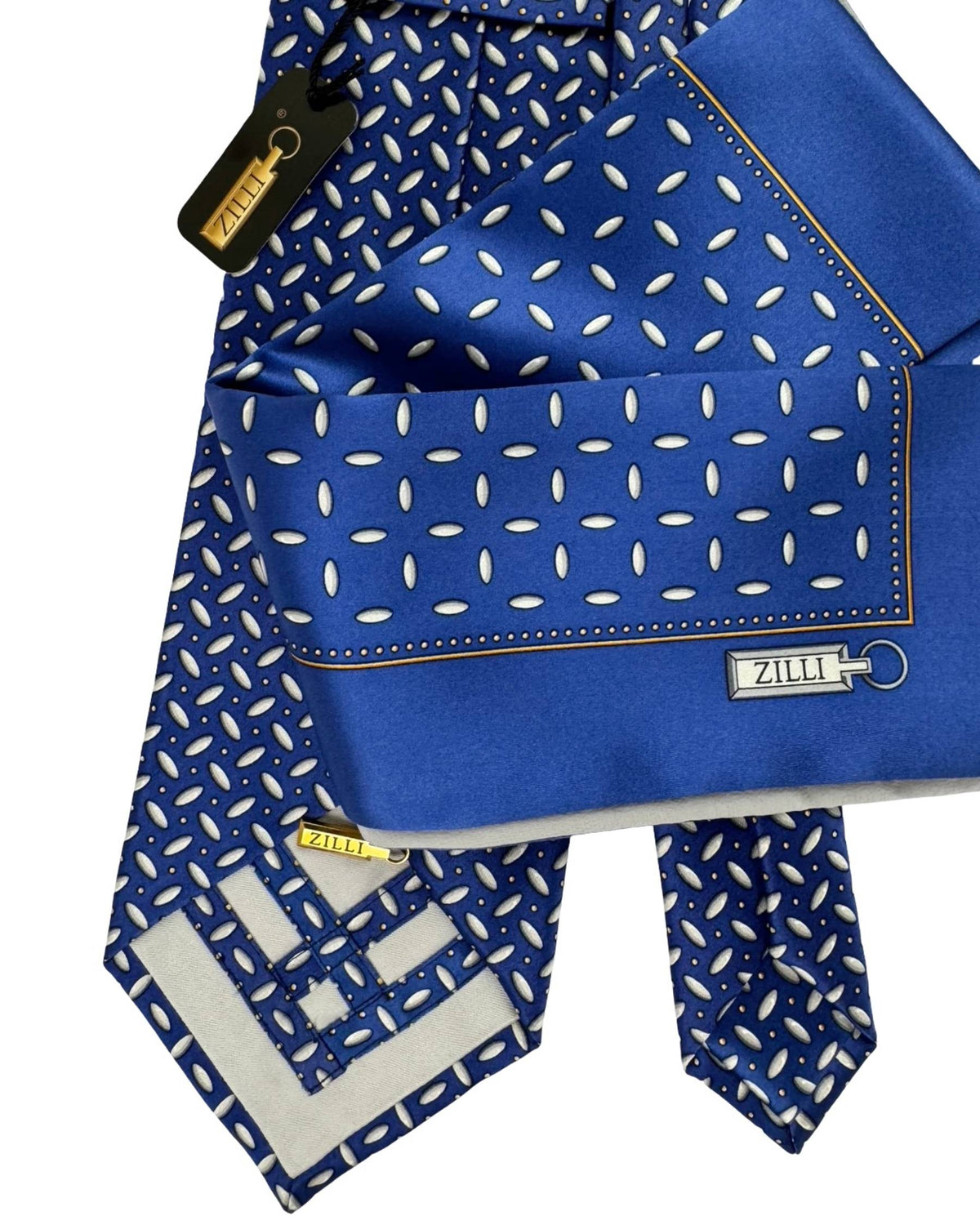 Zilli Silk Tie & Matching Pocket Square Set Midnight Blue Silver Geometric