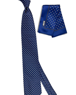 Zilli Silk Tie & Matching Pocket Square Set Midnight Blue Silver Geometric