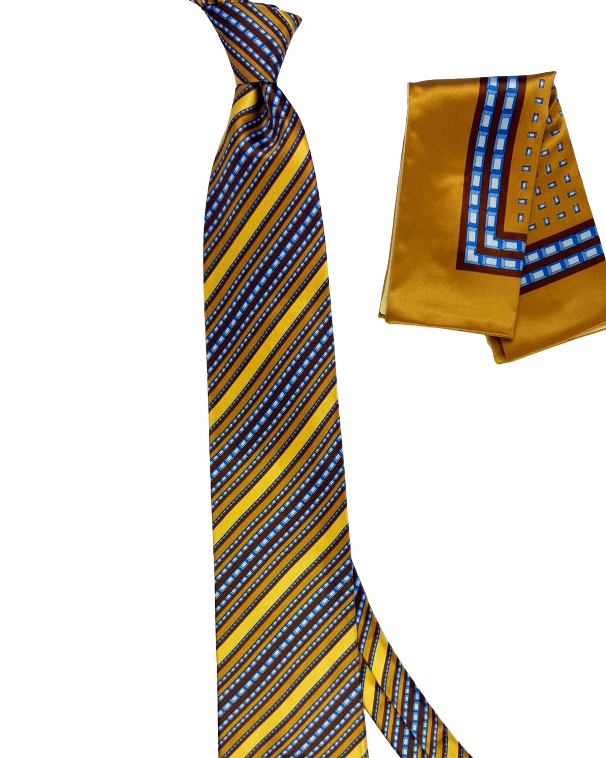 Zilli Silk Tie & Matching Pocket Square Set Olive Brown Blue Design