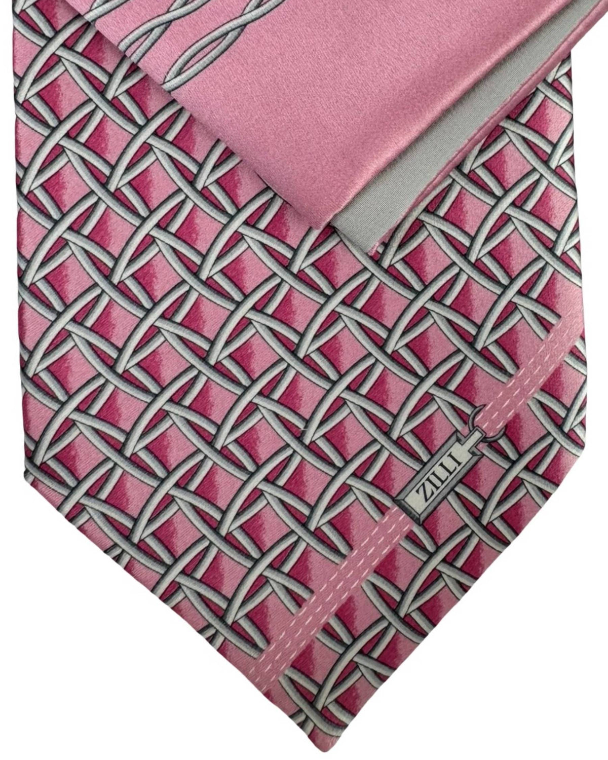 Zilli Silk Tie & Matching Pocket Square Set Pink Silver Lattice Pattern