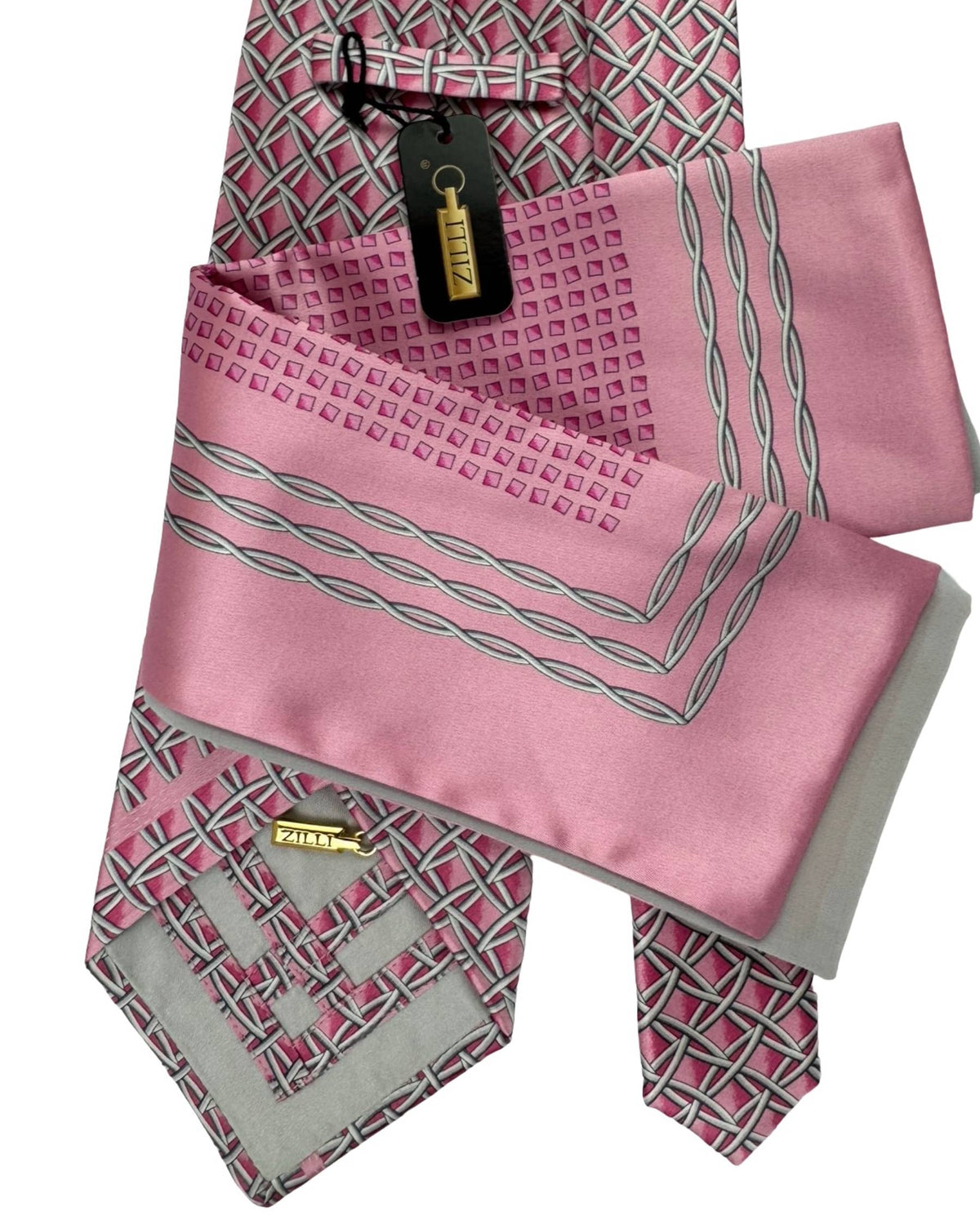 Zilli Silk Tie & Matching Pocket Square Set Pink Silver Lattice Pattern