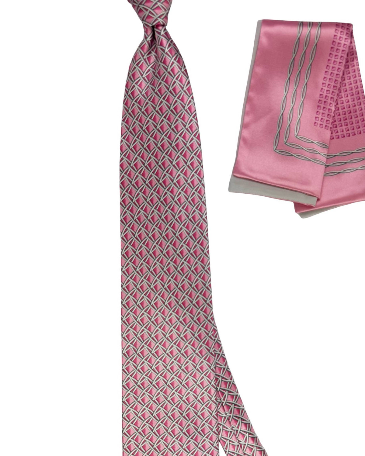 Zilli Silk Tie & Matching Pocket Square Set Pink Silver Lattice Pattern