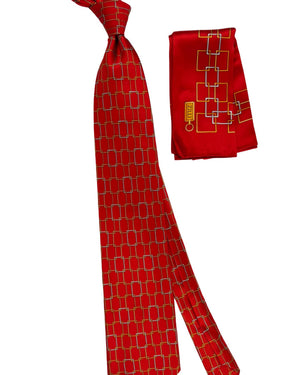 Zilli Silk Tie & Matching Pocket Square Set Red Gold Interlocking Links