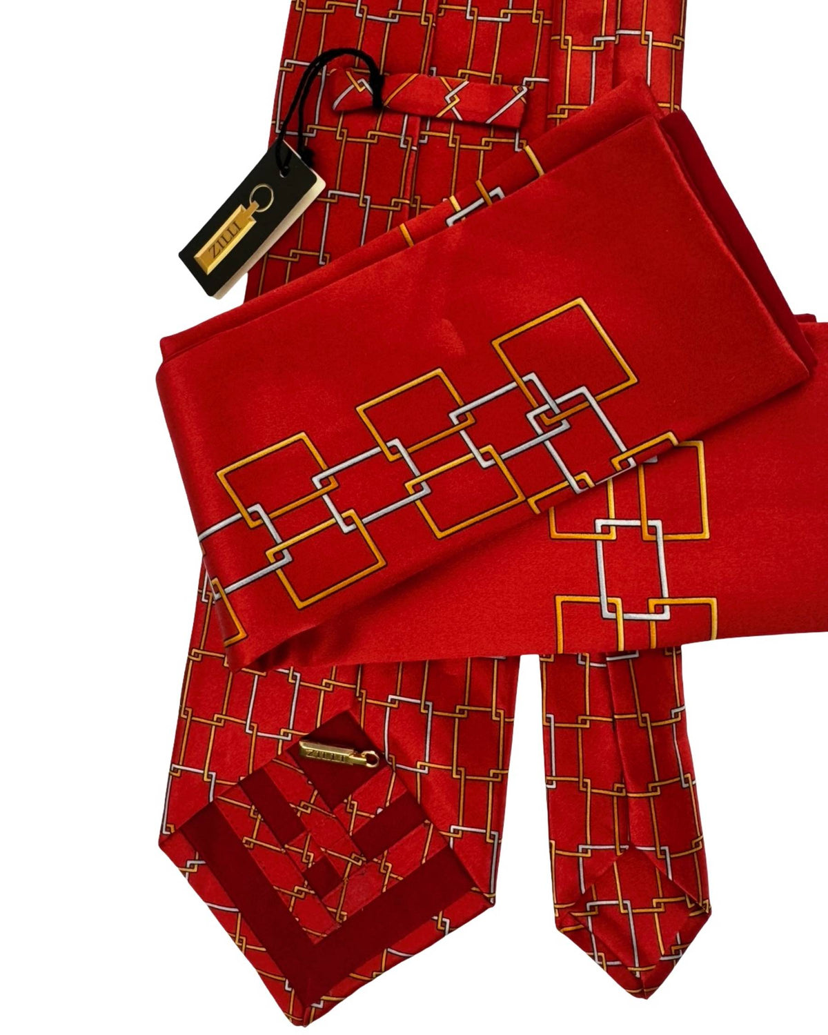Zilli Silk Tie & Matching Pocket Square Set Red Gold Interlocking Links