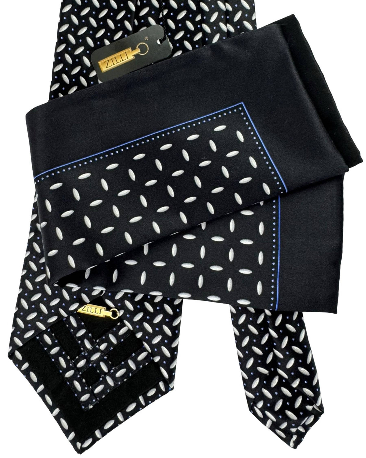 Zilli Silk Tie & Matching Pocket Square Set Black Silver Geometric